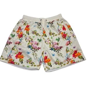 YOUNGLA Floral Print White Mesh Block Shorts Medium Unisex